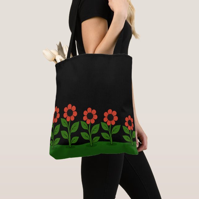 Dark Pastel Red Floral Tote Bag (Close Up)