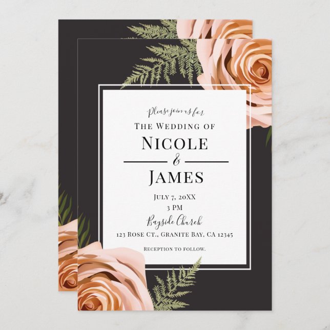 Dark Peach Floral Roses Rustic Shabby Chic Wedding Invitation (Front/Back)