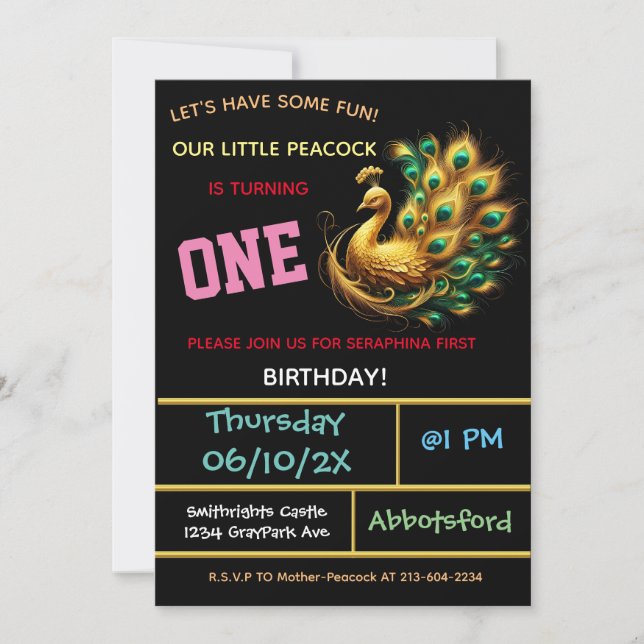 Dark Peacock Birthday Celebration - 1 Year! Invitation (Front)