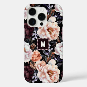 Dark Peonies Floral Pattern Monogram iPhone 16 Pro Case