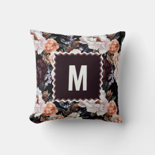 Dark Peonies Floral Pattern Monogram Cushion