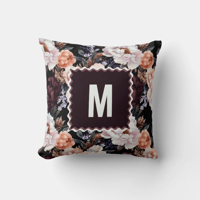 Dark Peonies Floral Pattern | Monogram Cushion (Front)