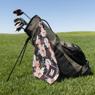Dark Peonies Floral Pattern Monogram Golf Towel