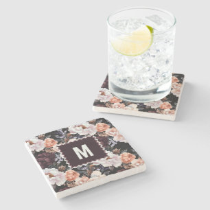 Dark Peonies Floral Pattern Monogram Stone Coaster