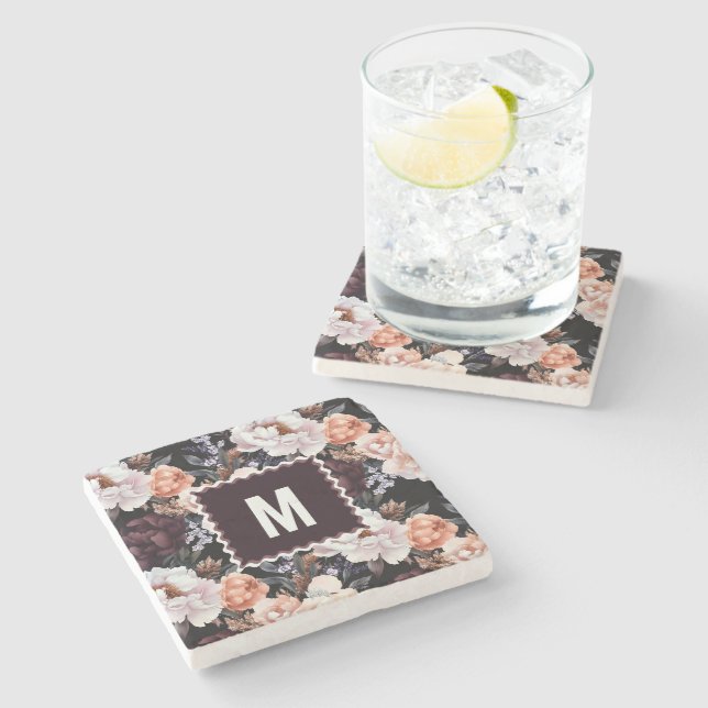 Dark Peonies Floral Pattern | Monogram Stone Coaster (Side)