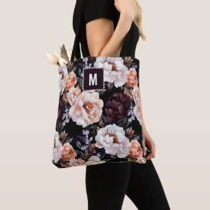 Dark Peonies Floral Pattern Monogram Tote Bag