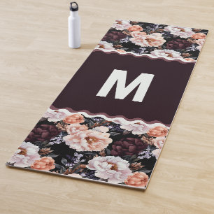 Dark Peonies Floral Pattern Monogram Yoga Mat