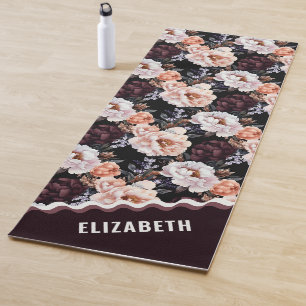 Dark Peonies Floral Pattern Monogram Yoga Mat