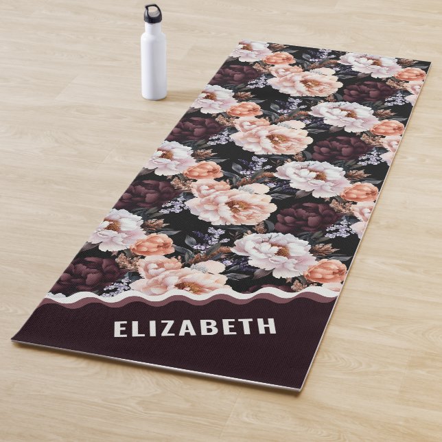 Dark Peonies Floral Pattern | Monogram Yoga Mat (In Situ)