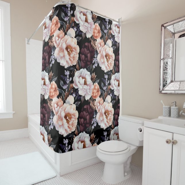 Dark Peonies Floral Pattern Shower Curtain (In Situ)
