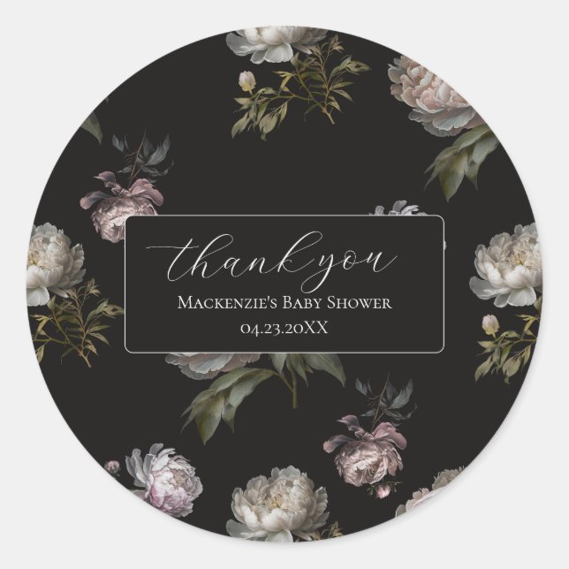 Dark Peony Baby Shower Thank You Sticker (Front)