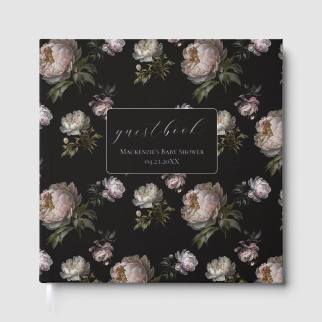 Dark Peony Flowers Foil Baby Shower Guestbook (Front)