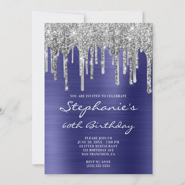 Dark Periwinkle Foil Silver Drip Glitter Birthday Invitation (Front)