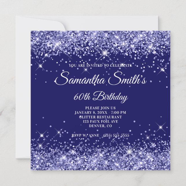 Dark Periwinkle Glitter Indigo Blue 60th Birthday Invitation (Front)