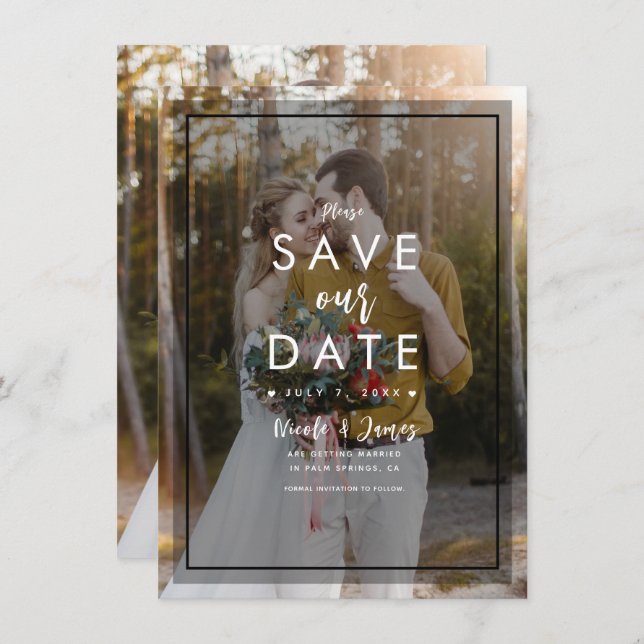 Dark Photo Tint Overlay 3 Modern Save the Date Invitation (Front/Back)