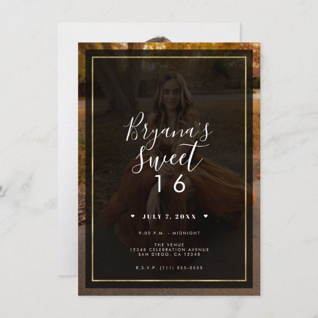 Dark Photo Tint Overlay Gold Modern Sweet 16 Invitation (Front/Back)