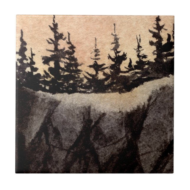 Dark pines on a rugged cliff with grey pink sky tile (Front)