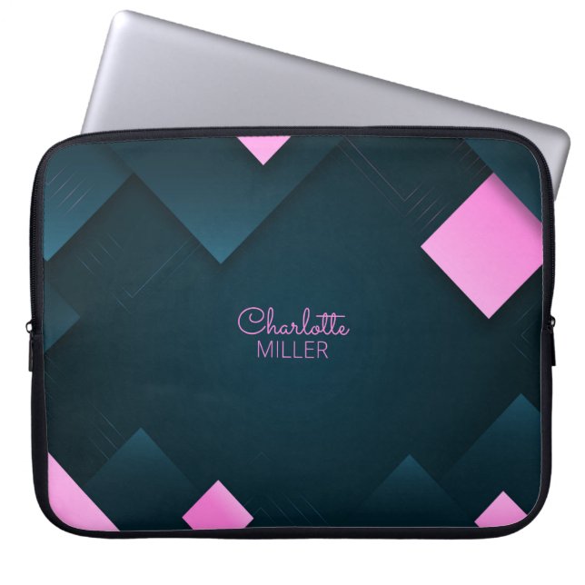 Dark-Pink Abstract Shapes with Custom Name Laptop Sleeve (Front)