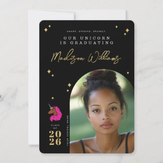 Dark Pink Afro Unicorn Graduation Announcement