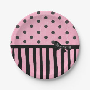 Dark Pink and Black Polka Dot Striped Paper Plate