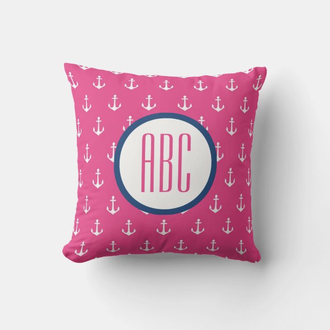 Dark Pink and Navy Blue Anchor Monogram Pillow (Front)