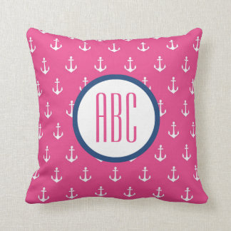 Dark Pink and Navy Blue Anchor Monogram Pillow