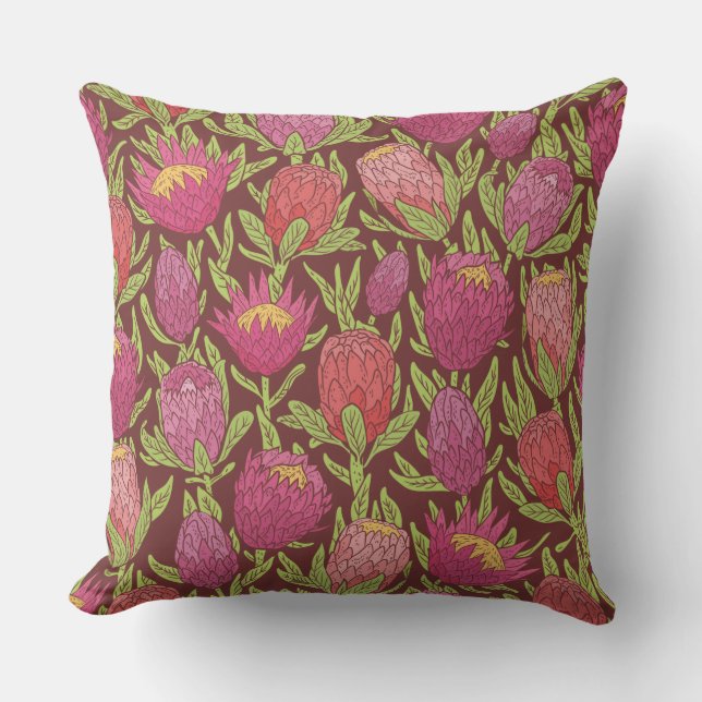 Dark Pink and Violet Proteas Tropica Throw Pillow (Front)