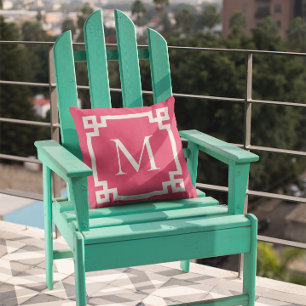 Dark Pink and White Monogrammed Greek Key Border Cushion