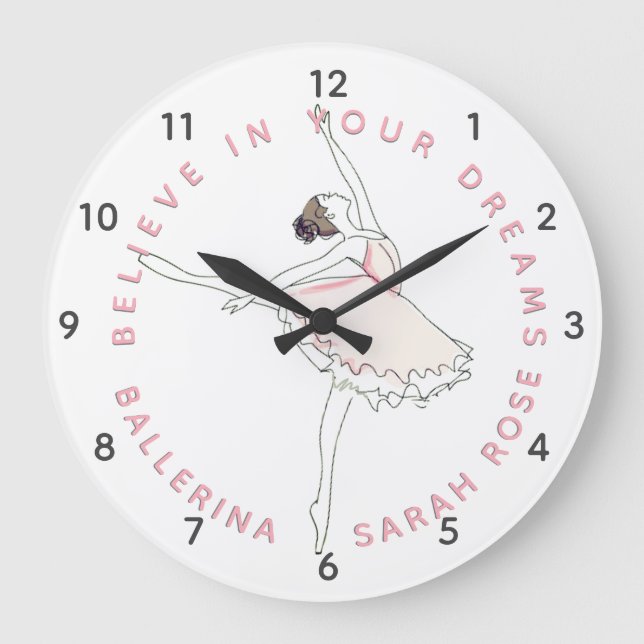 Dark Pink Ballerina Girl Personalised Name Clock (Front)