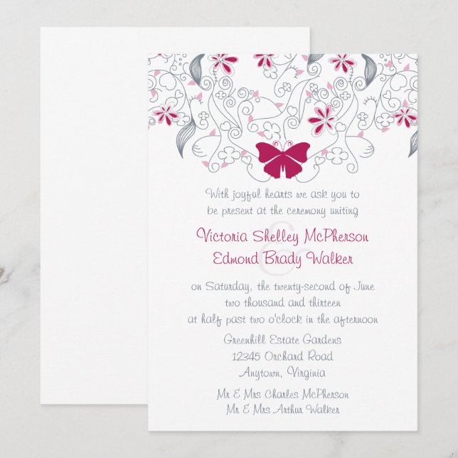 Dark Pink Butterfly Whimsy Wedding Invitation (Front/Back)