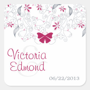 Dark Pink Butterfly Whimsy Wedding Stickers