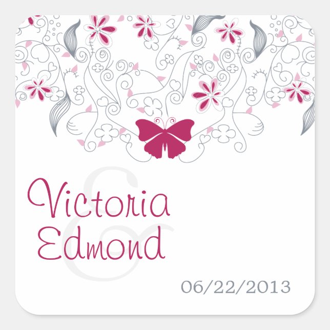 Dark Pink Butterfly Whimsy Wedding Stickers (Front)