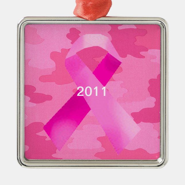 Dark Pink Camouflage Pink Ribbon Date Ornament (Front)