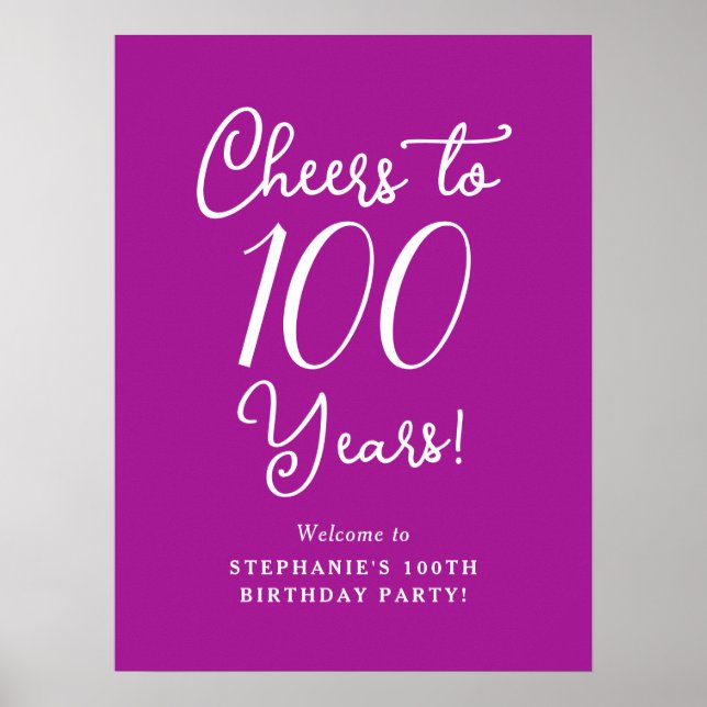 Dark Pink Cheers to 100 Years Birthday Welcome Poster (Front)