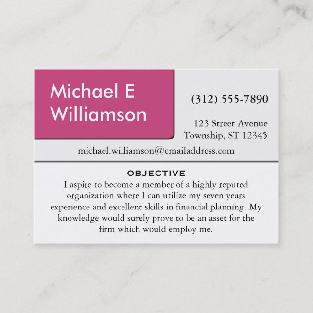Dark Pink Corner RESUME Business Cards (Front)