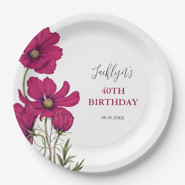 Dark Pink Cosmos Floral Greenery Birthday Paper Plate (Front)