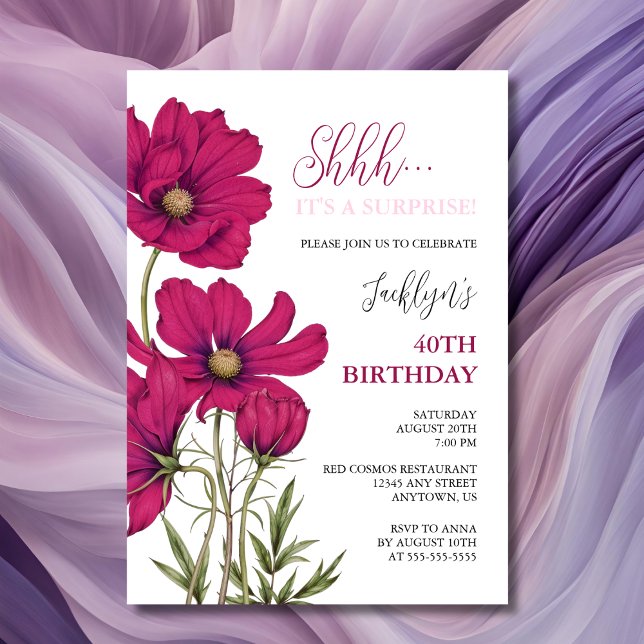 Dark Pink Cosmos Floral Surprise Birthday Invitation (Creator Uploaded)