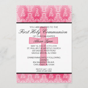 Dark Pink Cross Damask Girls Communion Invitation