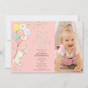 Dark Pink Daisies Balloons Some Bunny 1st Birthday Invitation