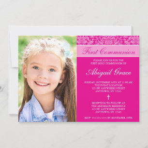 Dark Pink Damask Girl Photo First Communion Invitation