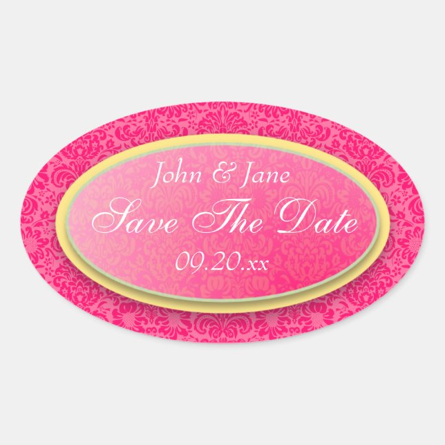 Dark Pink Damask "Save the Date" Oval Sticker (Front)