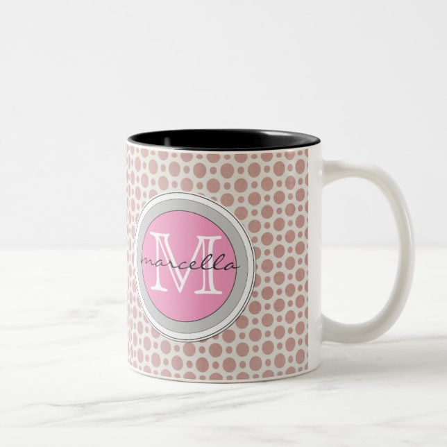 dark pink dots bright pink monogram Two-Tone coffee mug (Right)