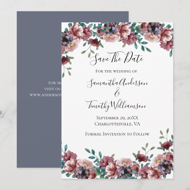 Dark Pink Dusty Rose Blue Green Eucalyptus Floral  Save The Date (Front/Back)