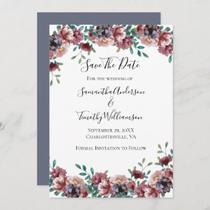 Dark Pink Dusty Rose Blue Green Eucalyptus Floral  Save The Date