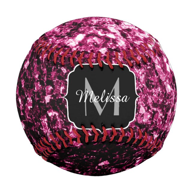 Dark pink faux glitter sparkle Monogram name Baseball (Front)