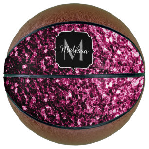 Dark pink faux glitter sparkle Monogram name Basketball
