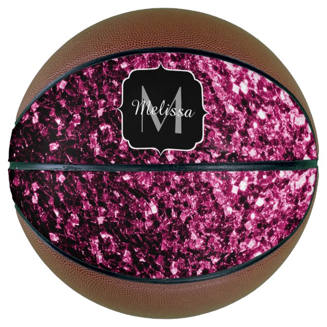 Dark pink faux glitter sparkle Monogram name Basketball (Front)
