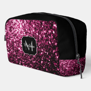 Dark pink faux glitter sparkles black Monogram Dopp Kit