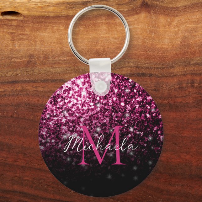 Dark Pink faux glitter sparkles bling Monogram Key Ring (Front)