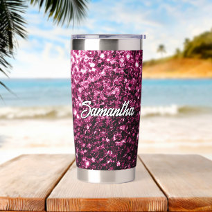 Dark pink faux glitter sparkles Custom name Insulated Tumbler